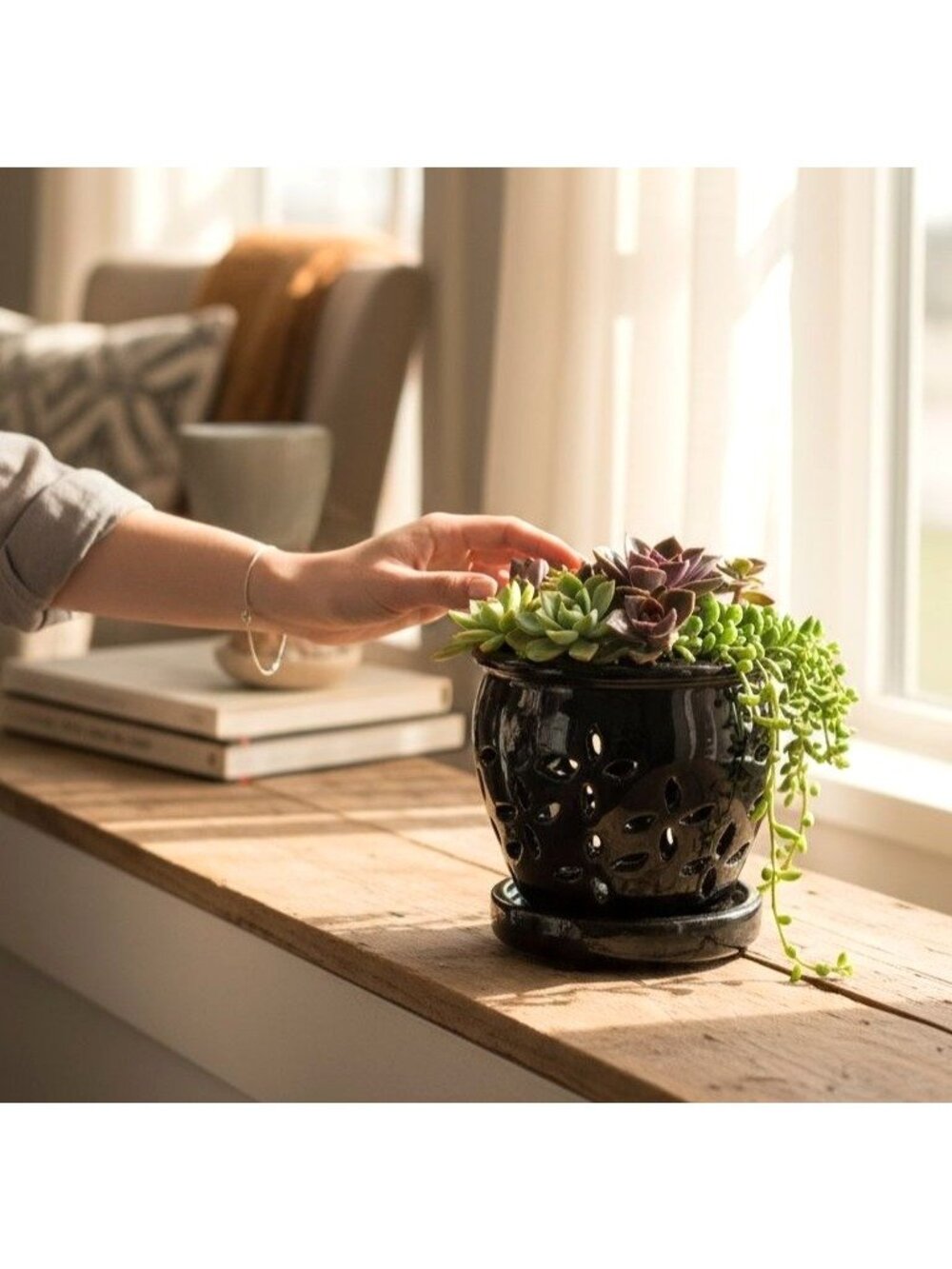Decorative Black Ceramic Planter With Saucer & Cutout Design For Succulents Or S
